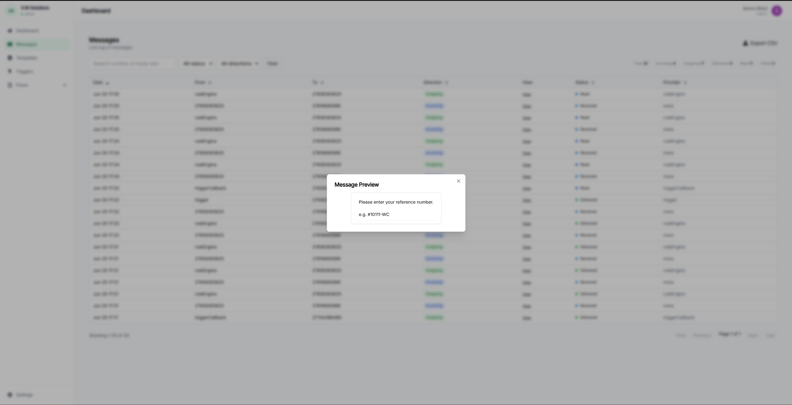 UseWaba message preview for a WhatsApp workflow