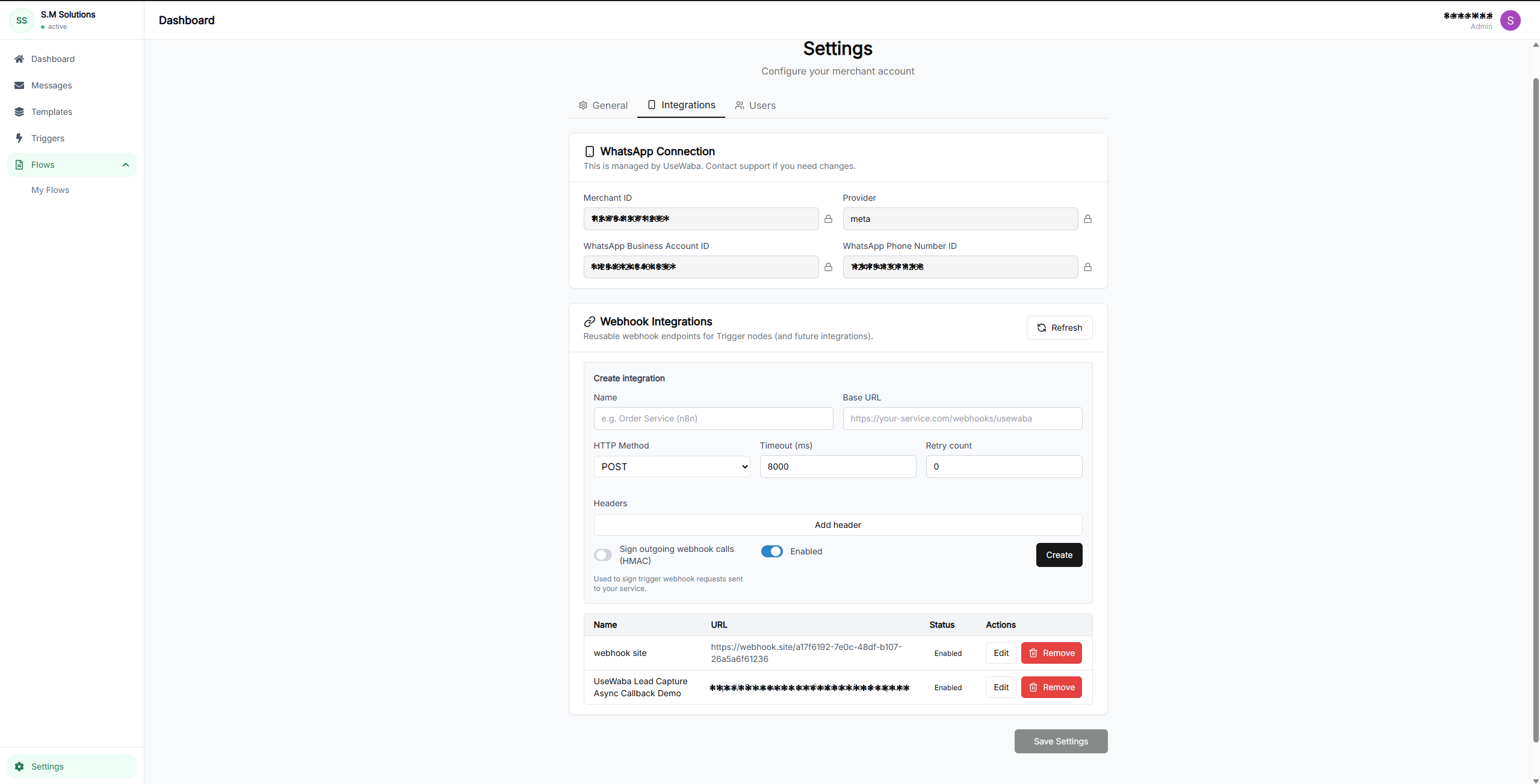 UseWaba integrations settings for webhook handoff
