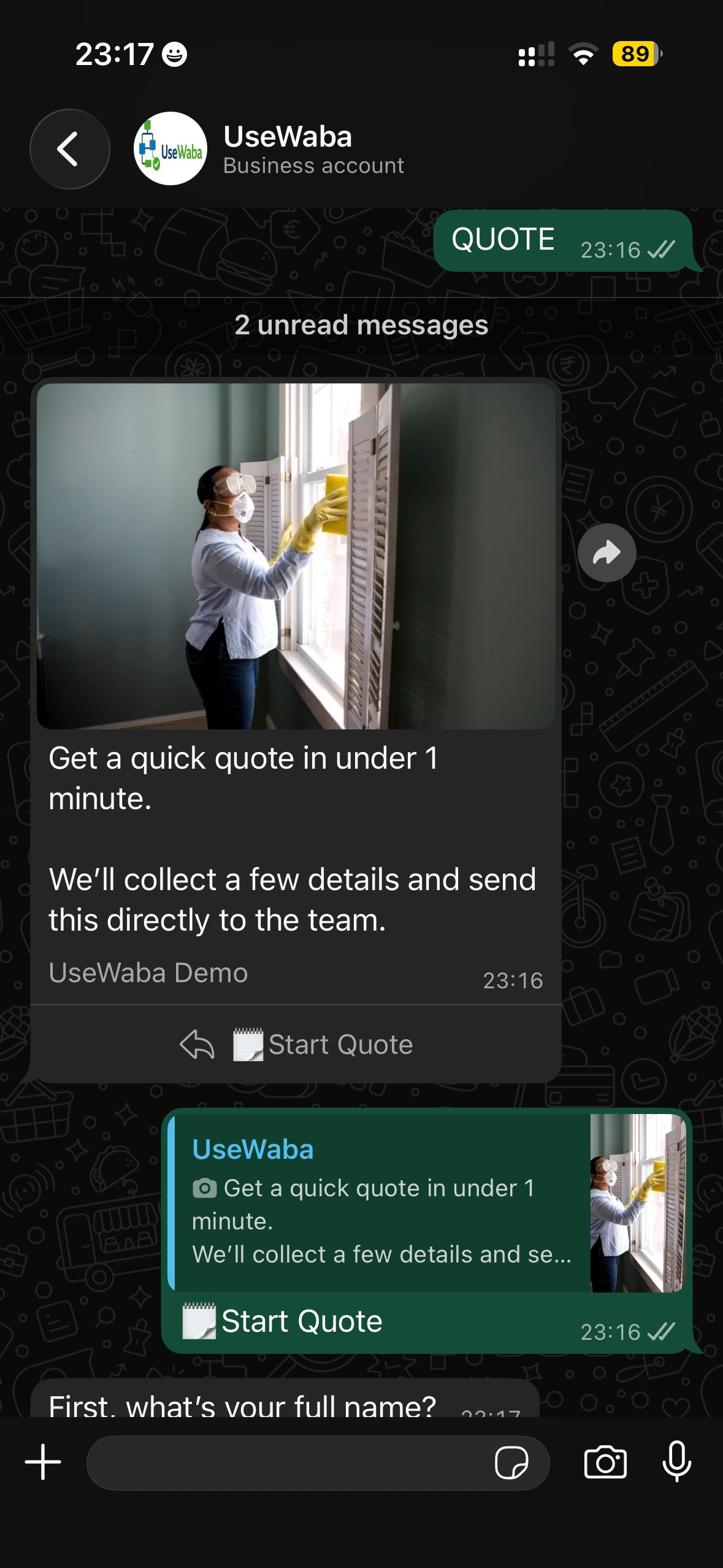 WhatsApp quote request conversation used in a UseWaba workflow